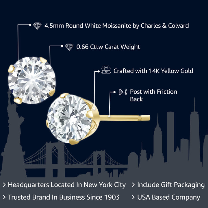 14K Yellow Gold White Moissanite from Charles & Colvard Stud Earrings For Women Men | 0.66 Cttw |  Round 4.5MM | Gold Earrings For Women Men