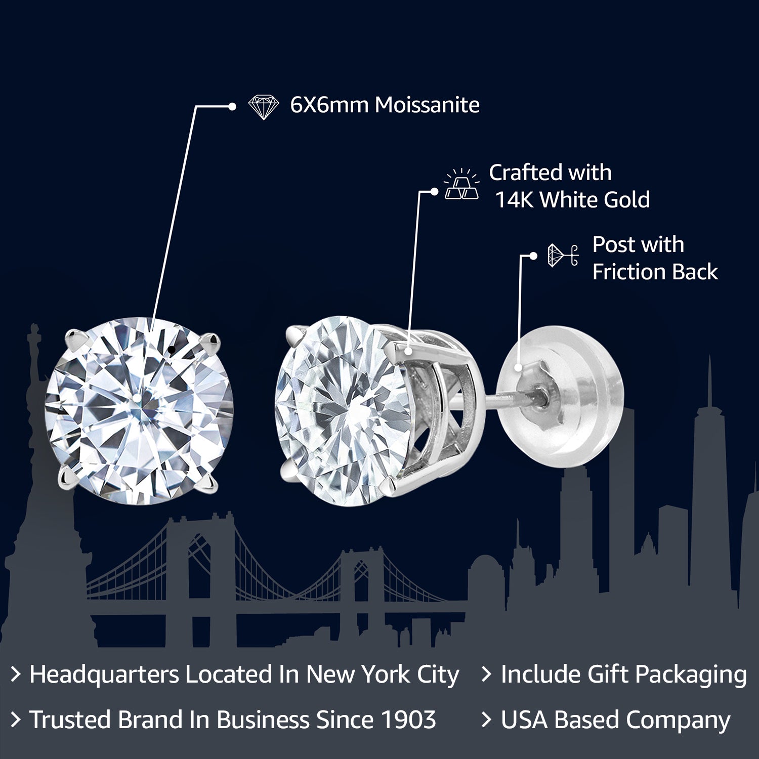 Solid 14K White Gold Forever Classic Moissanite from Charles & Colvard Stud Earrings For Women Men | 1.60 Cttw | Round 6MM