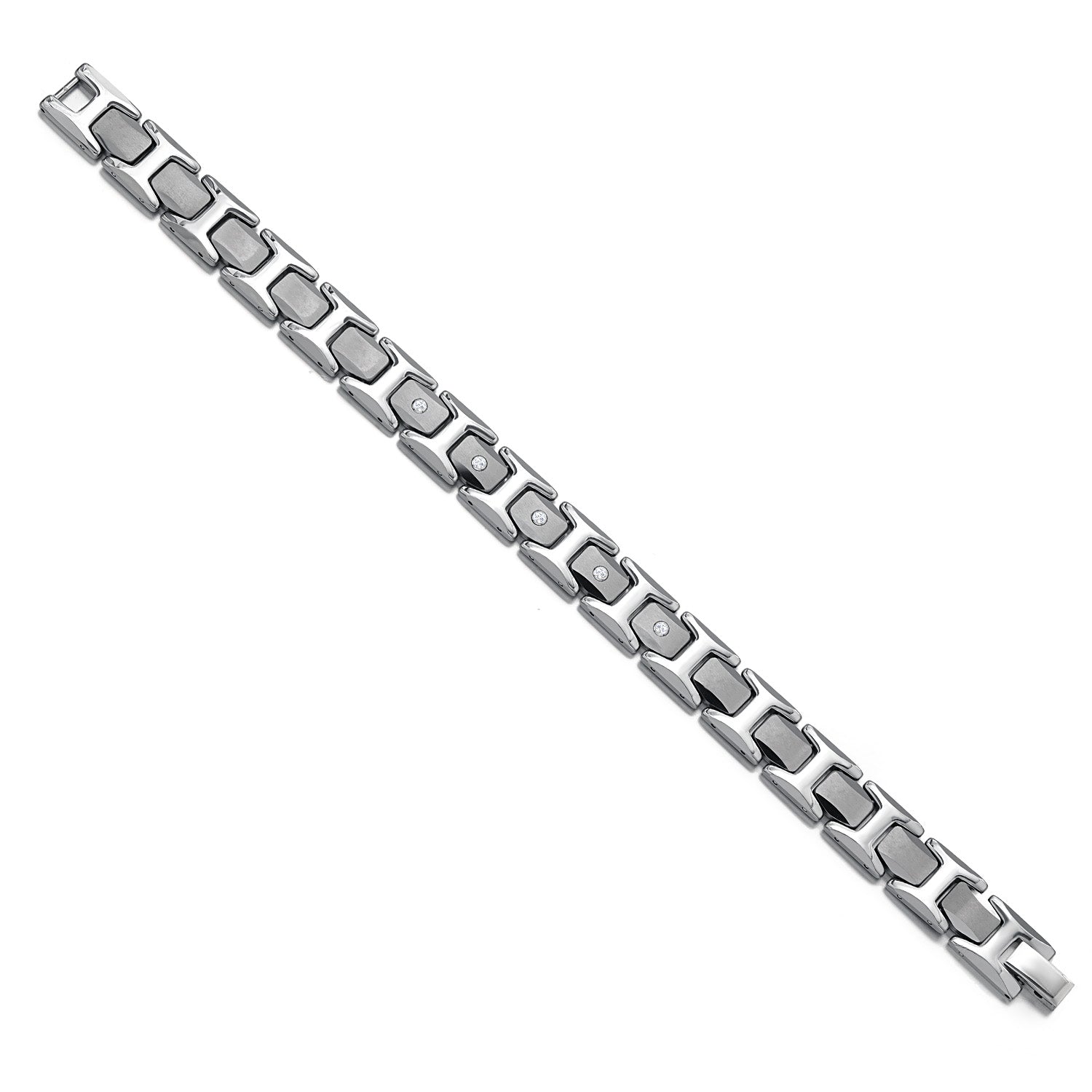 Men’s Diamond Brush Finished Tungsten Link Bracelet with Shiny Polished Connector Links and 5 White Lab Grown Diamonds