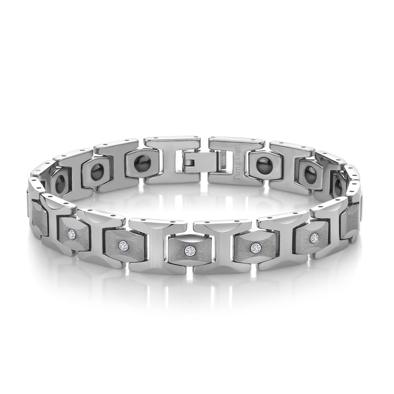 Men’s Diamond Brush Finished Tungsten Link Bracelet with Shiny Polished Connector Links and 5 White Lab Grown Diamonds