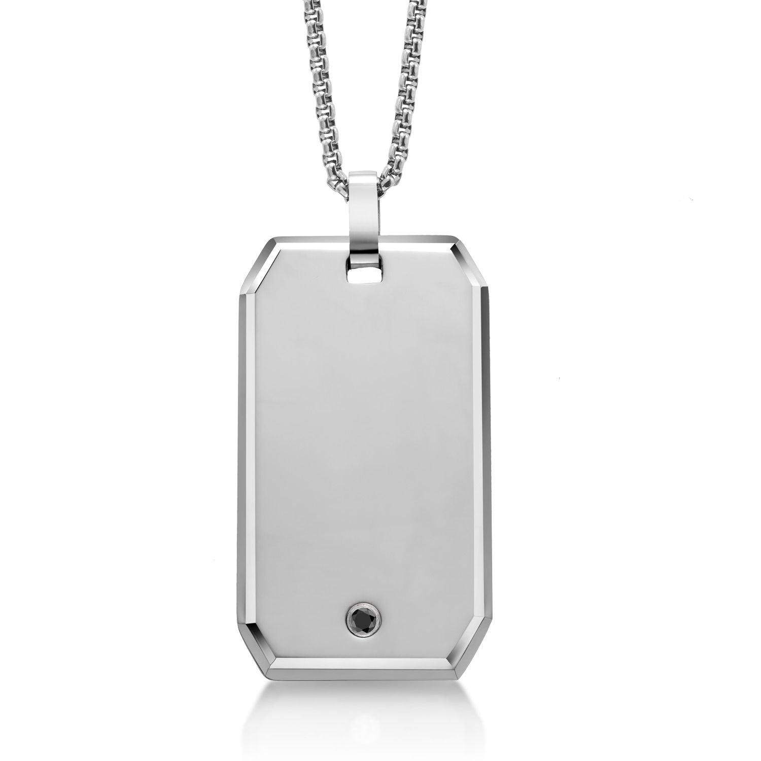 Polished Solid Tungsten Carbide Dog Tag Pendant | Scratch Resistant | with Natural Black Diamond and 24 Inch Chain