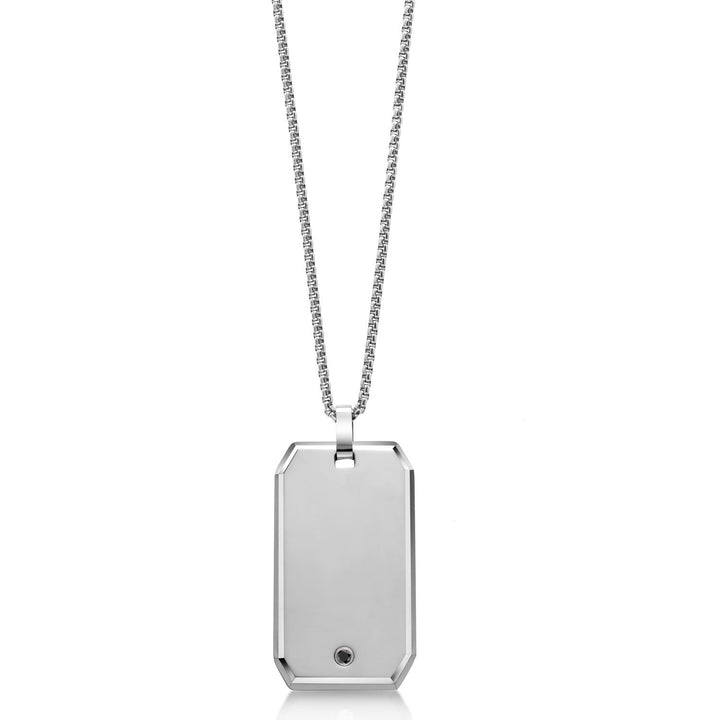 Polished Solid Tungsten Carbide Dog Tag Pendant | Scratch Resistant | with Natural Black Diamond and 24 Inch Chain