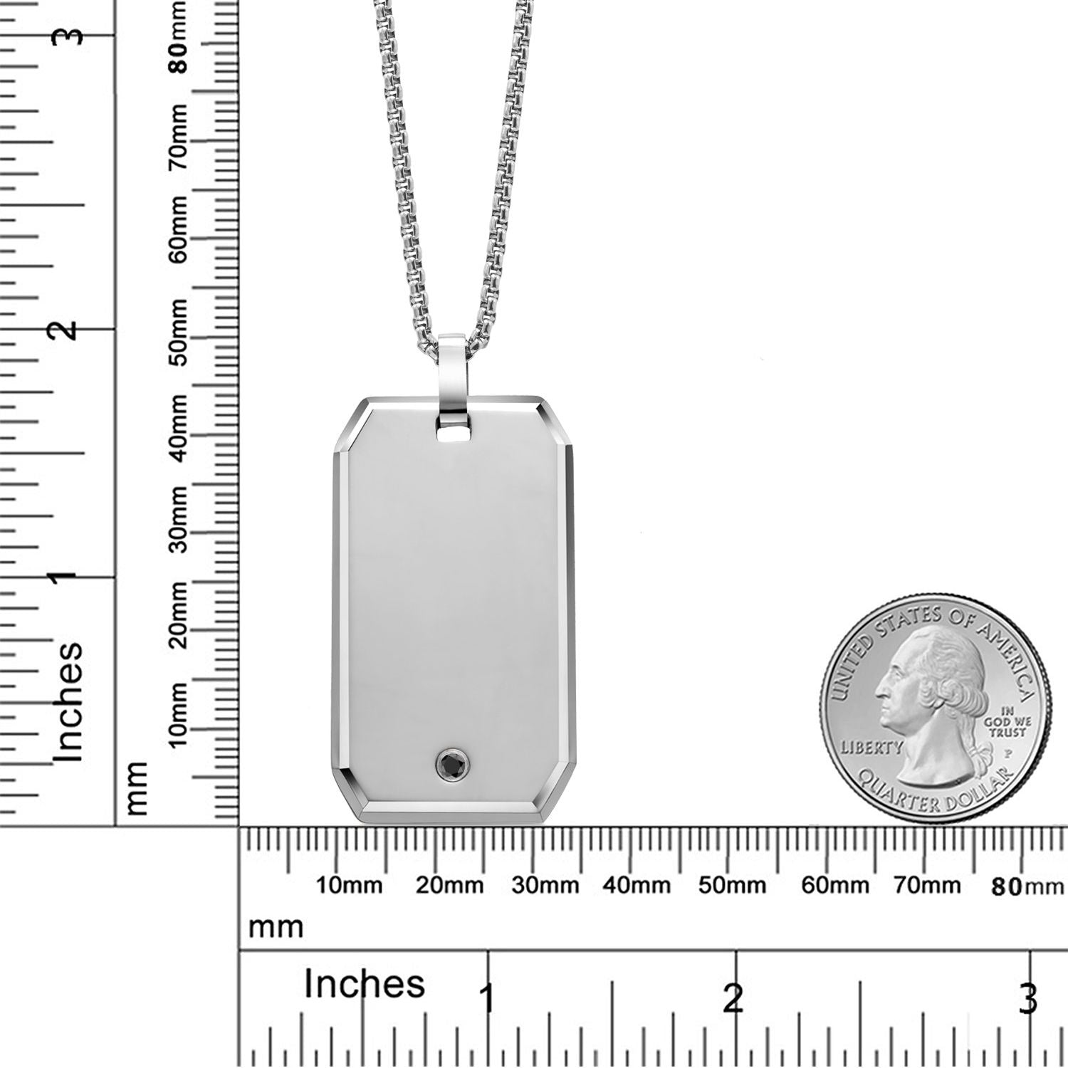 Polished Solid Tungsten Carbide Dog Tag Pendant | Scratch Resistant | with Natural Black Diamond and 24 Inch Chain