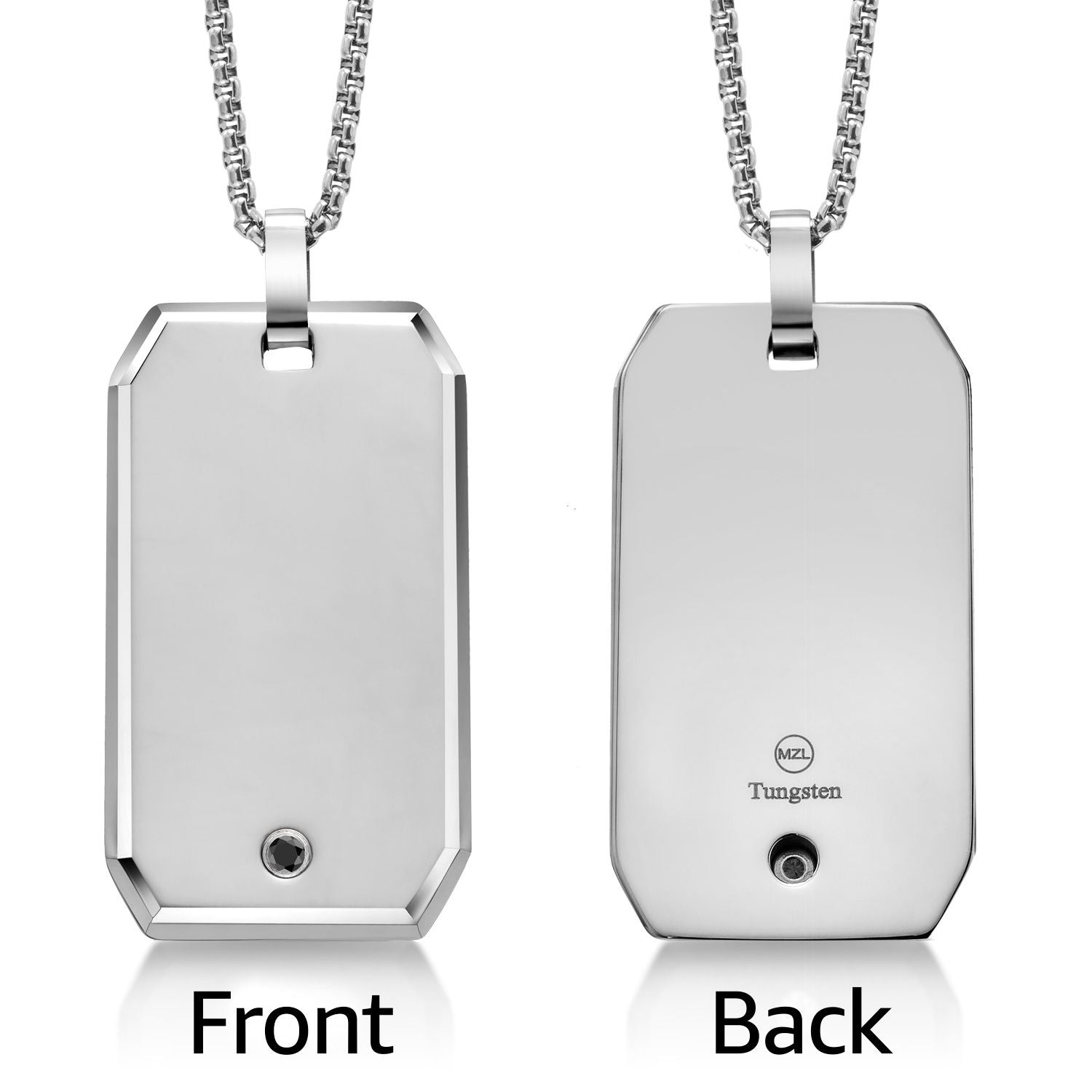 Polished Solid Tungsten Carbide Dog Tag Pendant | Scratch Resistant | with Natural Black Diamond and 24 Inch Chain