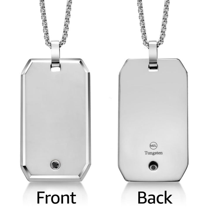 Polished Solid Tungsten Carbide Dog Tag Pendant | Scratch Resistant | with Natural Black Diamond and 24 Inch Chain