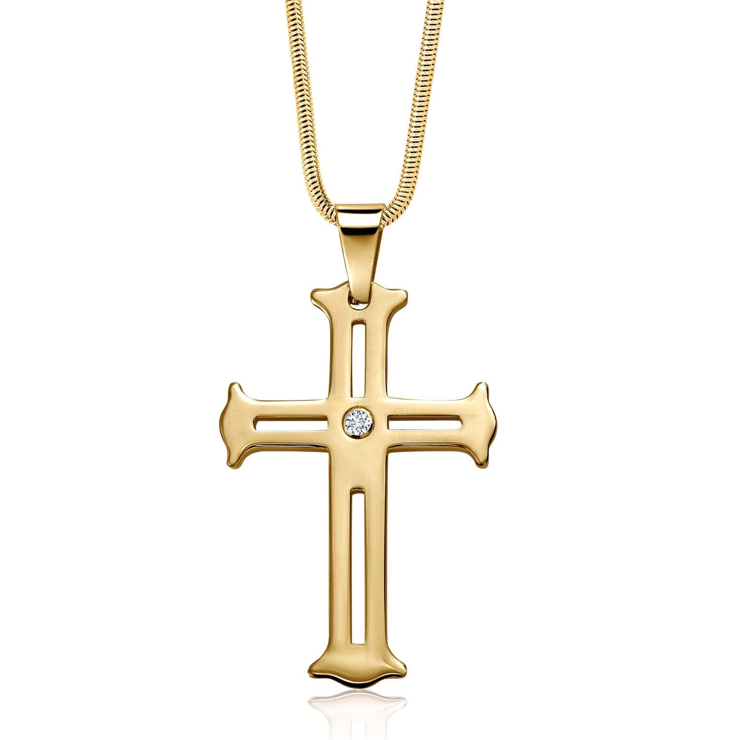 2 Inch Religious Cut-Out Cross Pendant Necklace Gold IP Plated Tungsten Carbide Scratch-Proof with White Lab Grown Diamond on a Stainless Steel Chain