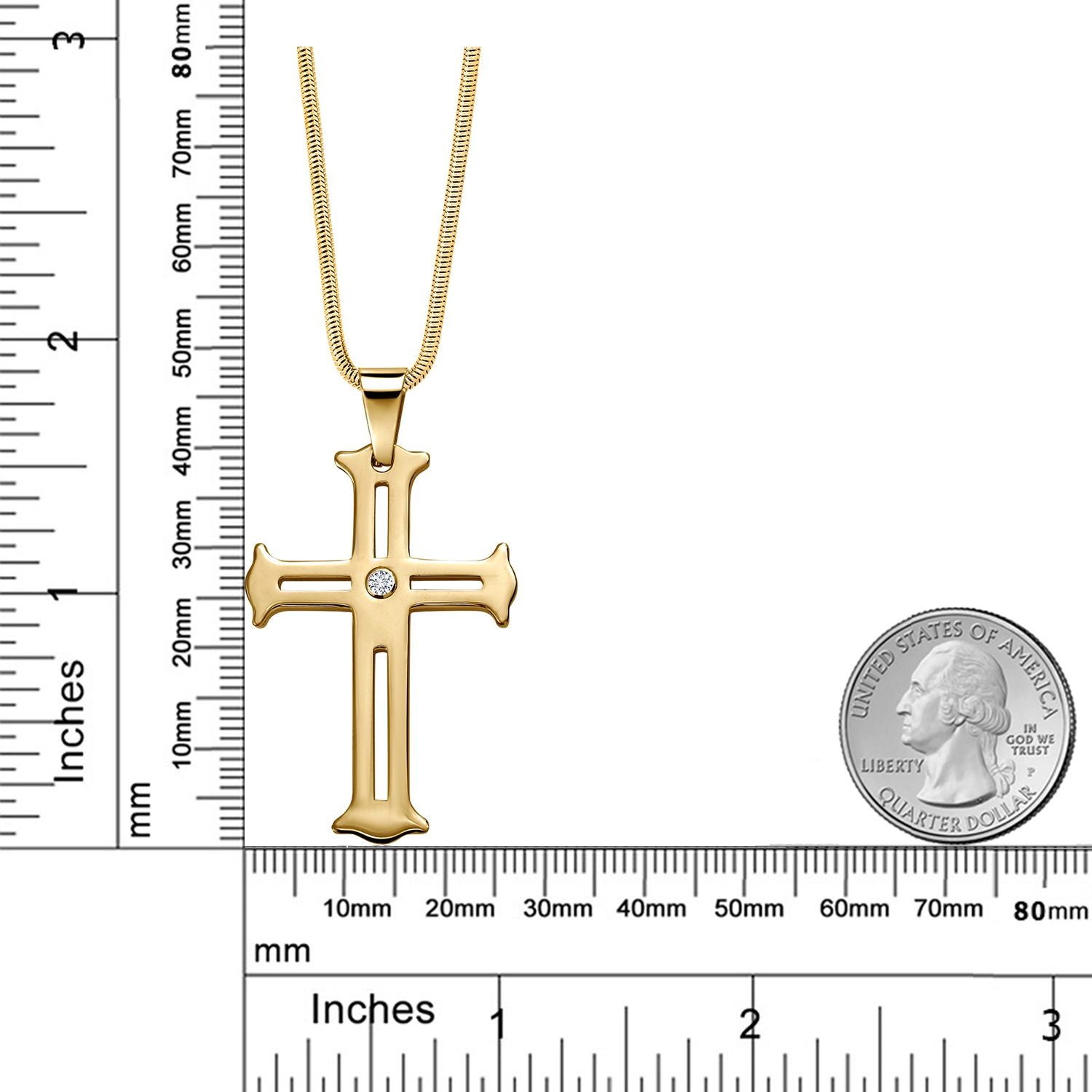 2 Inch Religious Cut-Out Cross Pendant Necklace Gold IP Plated Tungsten Carbide Scratch-Proof with White Lab Grown Diamond on a Stainless Steel Chain