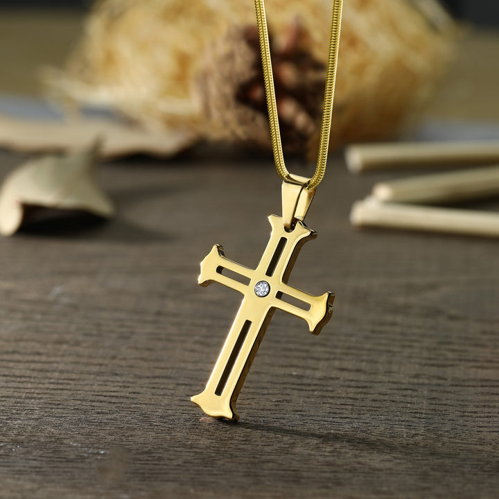 2 Inch Religious Cut-Out Cross Pendant Necklace Gold IP Plated Tungsten Carbide Scratch-Proof with White Lab Grown Diamond on a Stainless Steel Chain