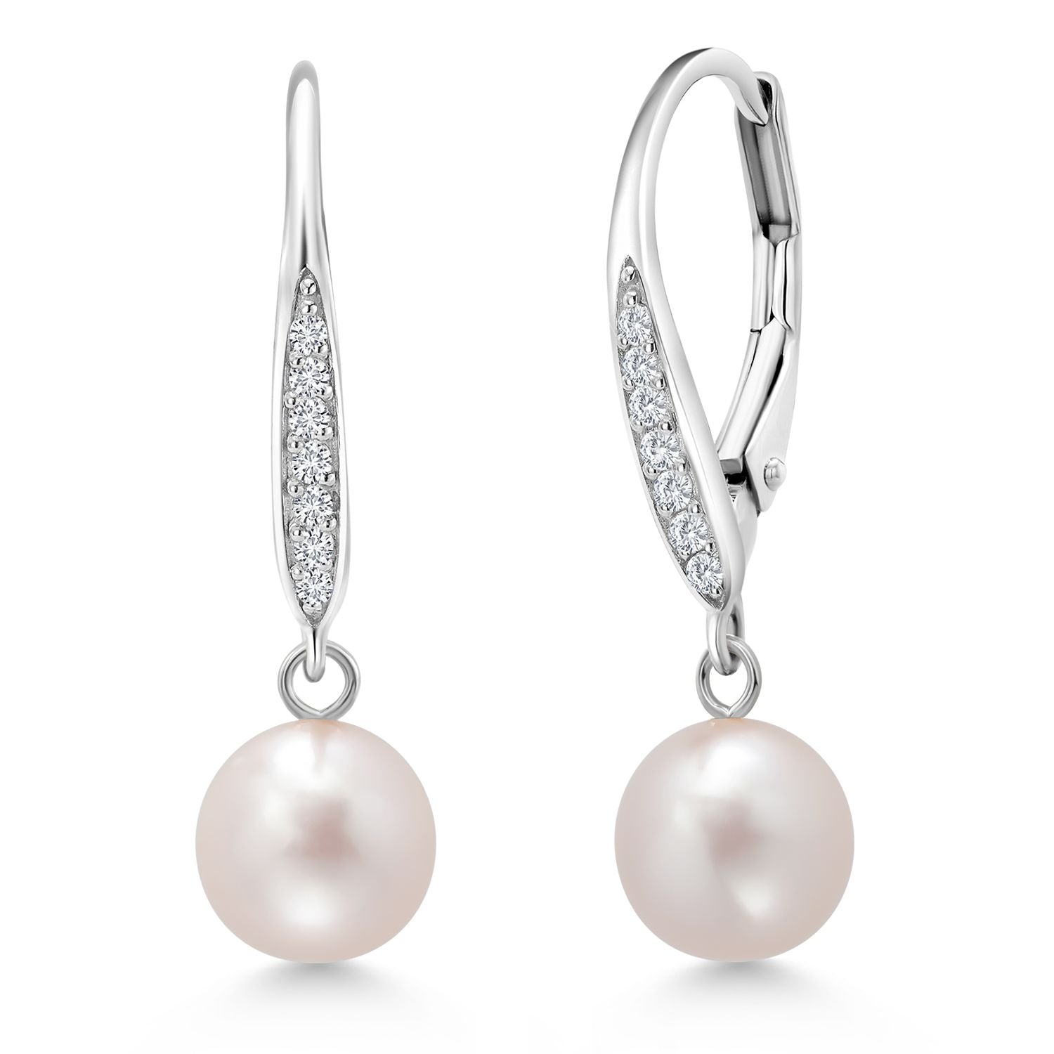 925 Sterling Silver Cultured Freshwater Pearl and Lab Grown Diamond Dangle Earrings For Women (1 Inch, Pearl Size 7MM)