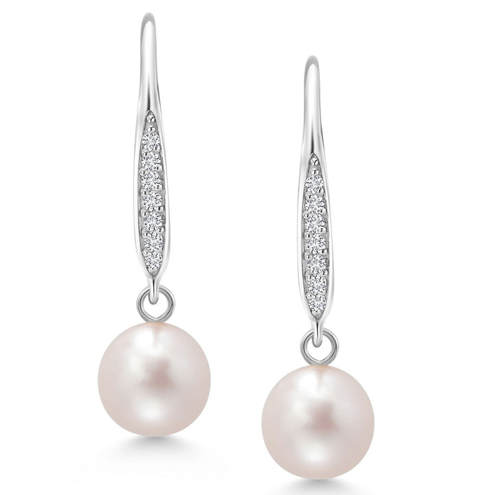 925 Sterling Silver Cultured Freshwater Pearl and Lab Grown Diamond Dangle Earrings For Women (1 Inch, Pearl Size 7MM)