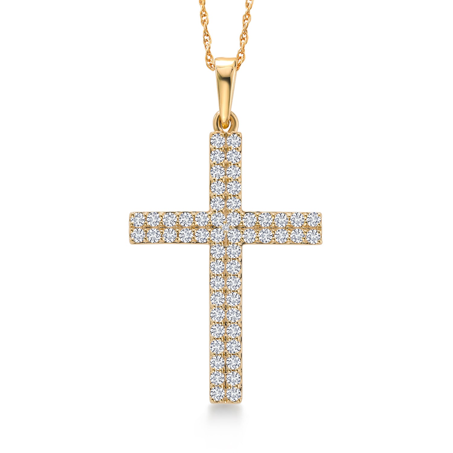 10K Yellow Gold White Lab Grown Diamond 2 Line Cross Crucifix Pendant Necklace For Women | 0.44 Cttw | G-H Color | 55 Diamonds | 1 inch | With 18 Inch Chain