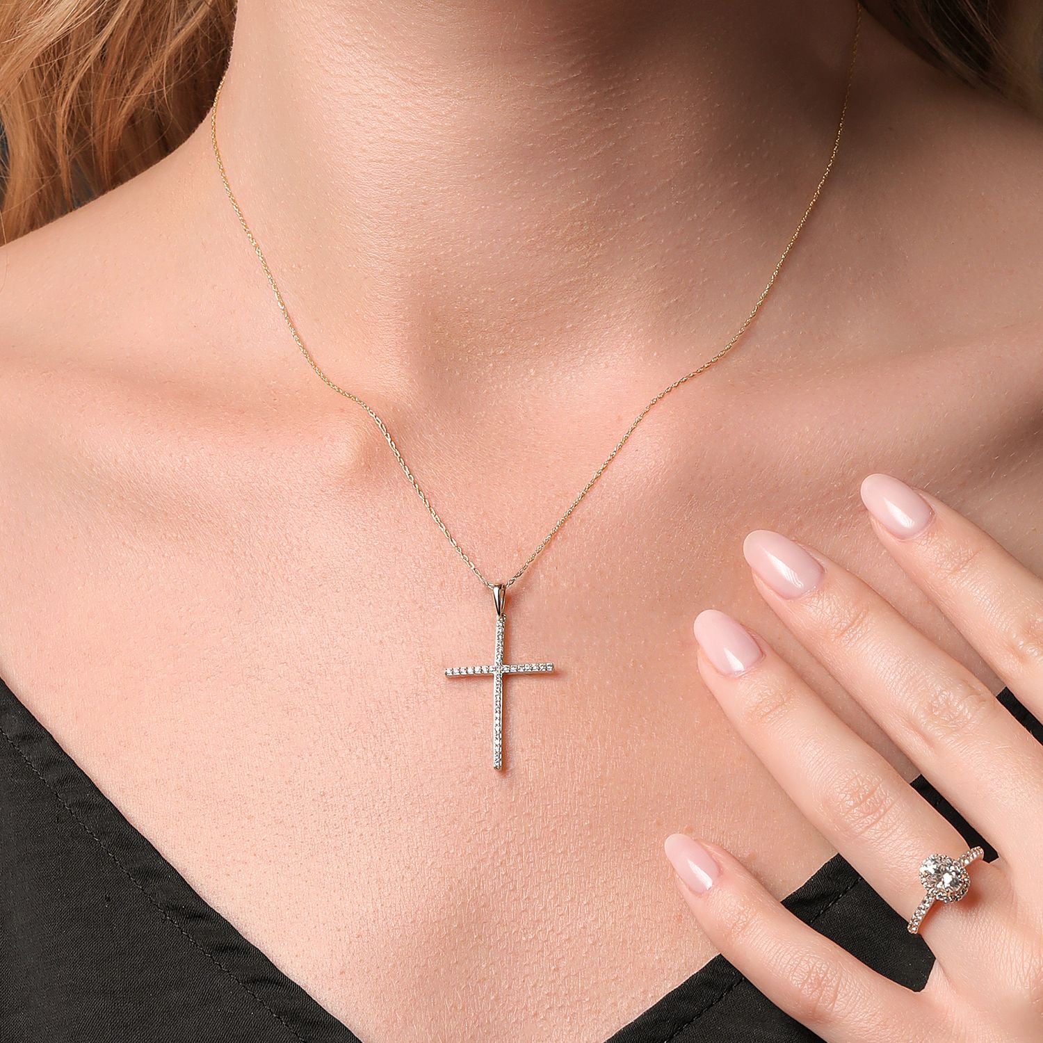 10K Yellow Gold White Lab Grown Diamond Cross Crucifix Pendant Necklace For Women (0.14 Cttw, G-H Color, 36 Diamonds, 1 1/4 inch, Comes with 18 Inch Chain)