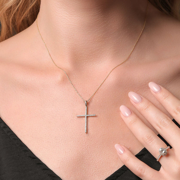 10K Yellow Gold White Lab Grown Diamond Cross Crucifix Pendant Necklace For Women (0.14 Cttw, G-H Color, 36 Diamonds, 1 1/4 inch, Comes with 18 Inch Chain)