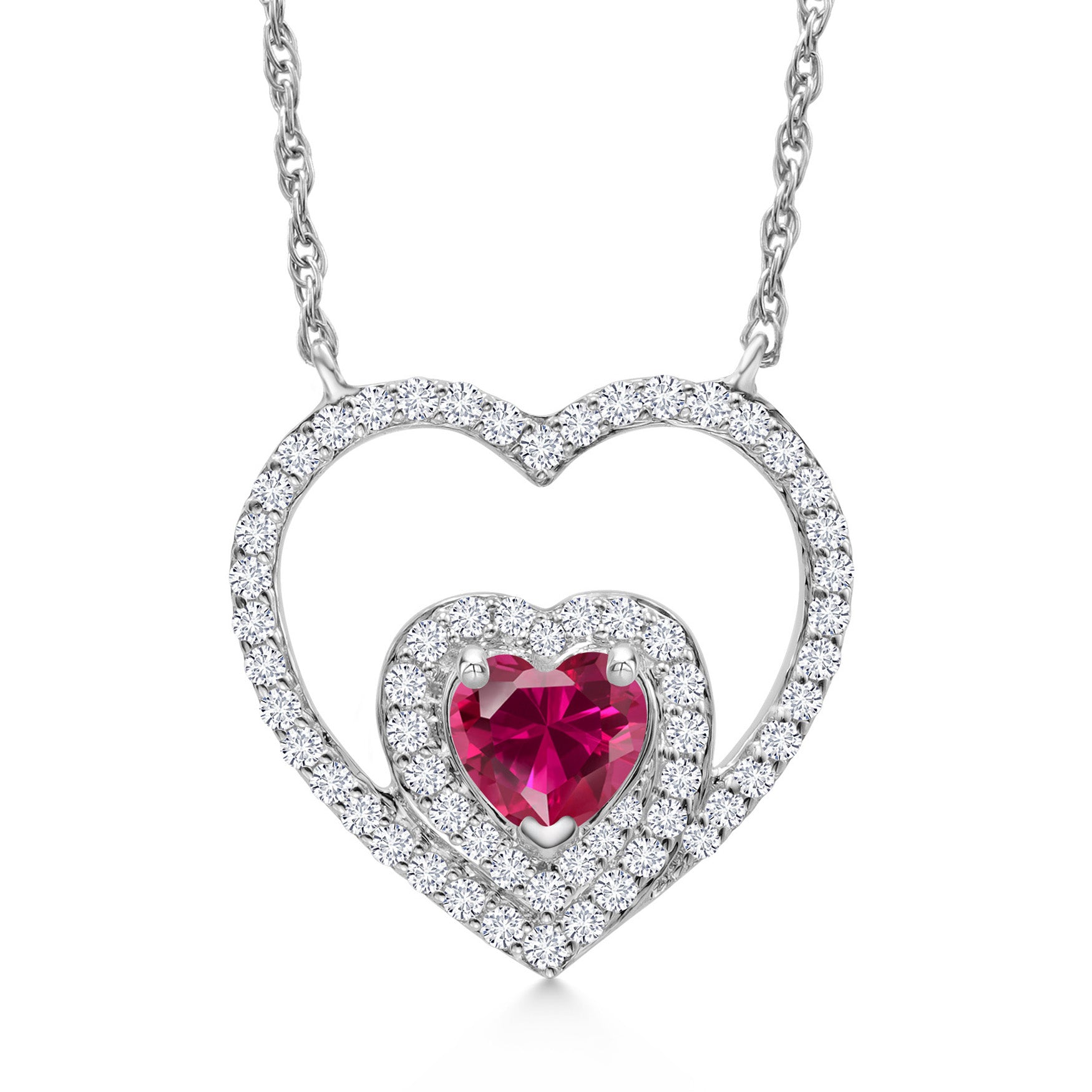 10K White Gold Red Created Ruby and White Lab Grown Diamond Double Pendant Necklace For Women (0.61 Cttw, 4MM Heart Shape, with 18 Inch Chain)