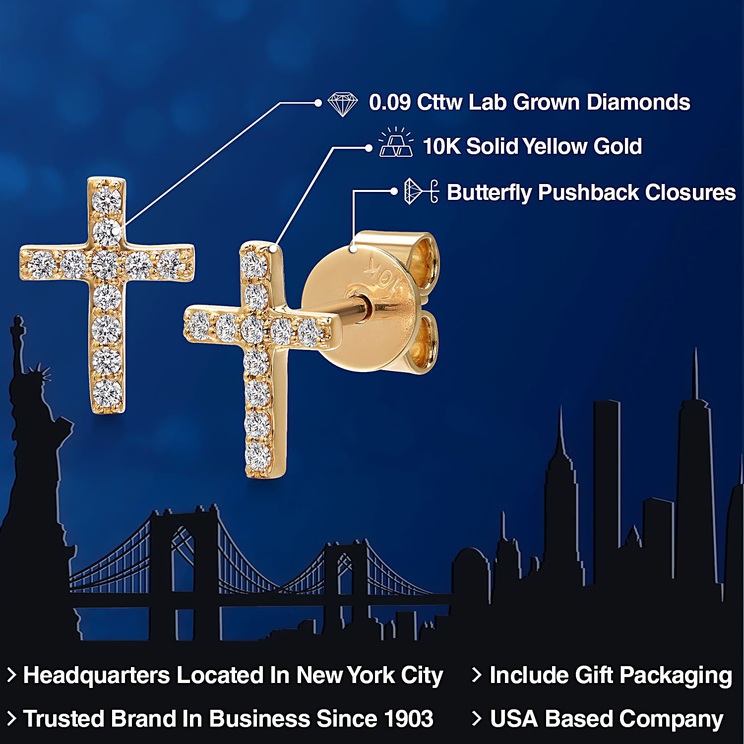 Solid 10K Yellow Gold Lab Grown Diamond Small Cross Earrings | G-H Color | VS-SI Clarity | 22 Diamonds | Cross = 8x6MM | Jesus Christian Reiligous Crucifix Jewelry Earrings For Women Men