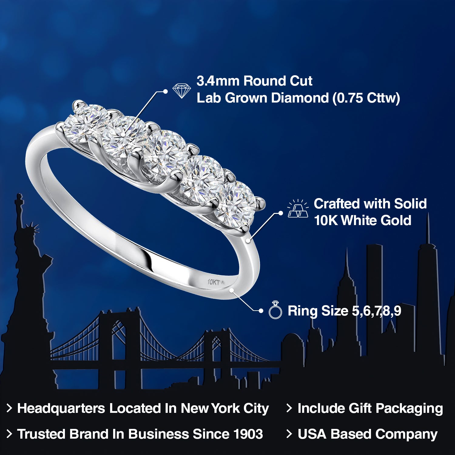 10K White Gold White Lab Grown Diamond 5 Stone Wedding Band Ring | 0.75 Cttw | Round 3.4MM | Wedding Engagement Anniversary Promise Ring For Women | E-F Color | VVS-VS