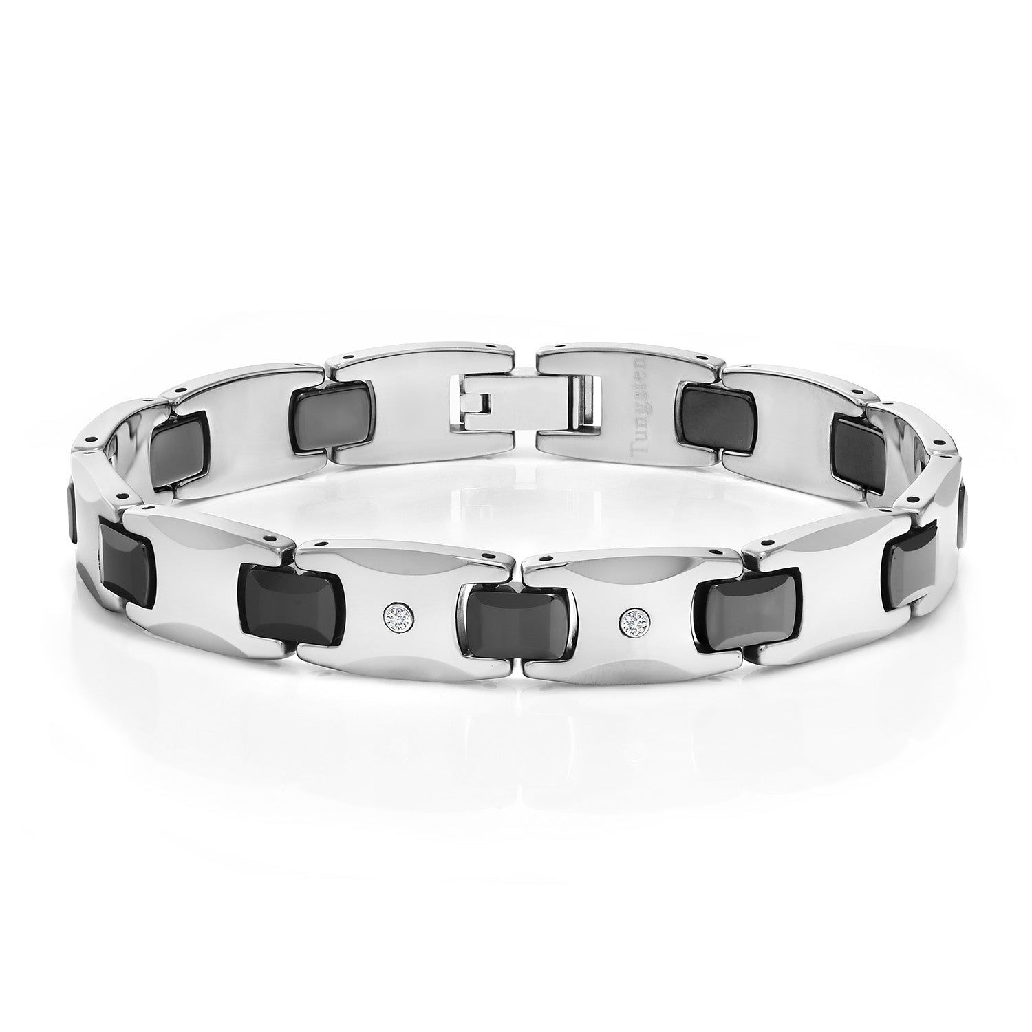 Men’s Shiny Polished Diamond Tungsten Bracelet with Black Plated Connector Links