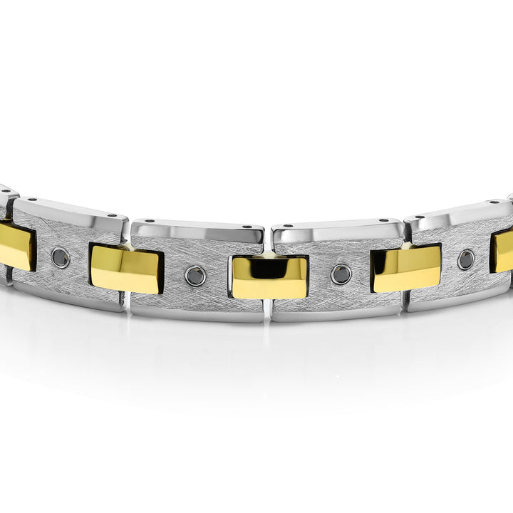 Black Diamond Tungsten Bracelet with Gold Plated Connector Links for Men 8.50 Inches in Length with Safety Clasp