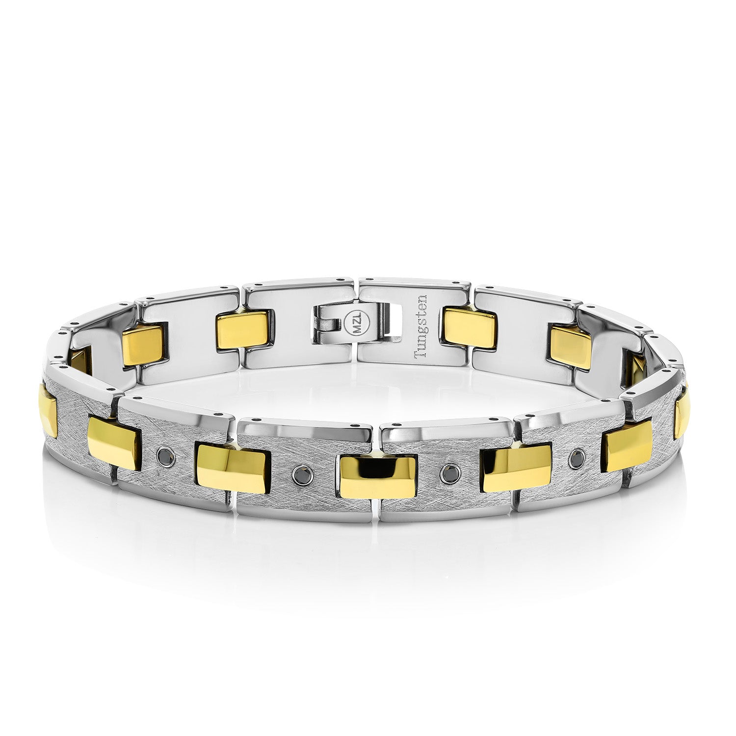 Black Diamond Tungsten Bracelet with Gold Plated Connector Links for Men 8.50 Inches in Length with Safety Clasp