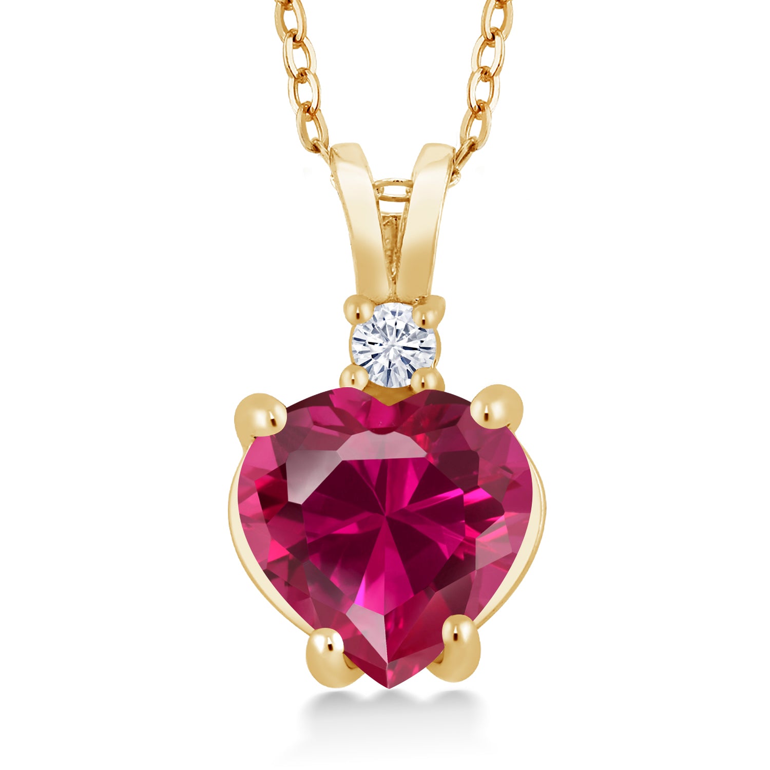 14K Yellow Gold Heart Shape Red Created Ruby and White Topaz Pendant Necklace For Women (2.27 Cttw, with 18 Inch Chain)