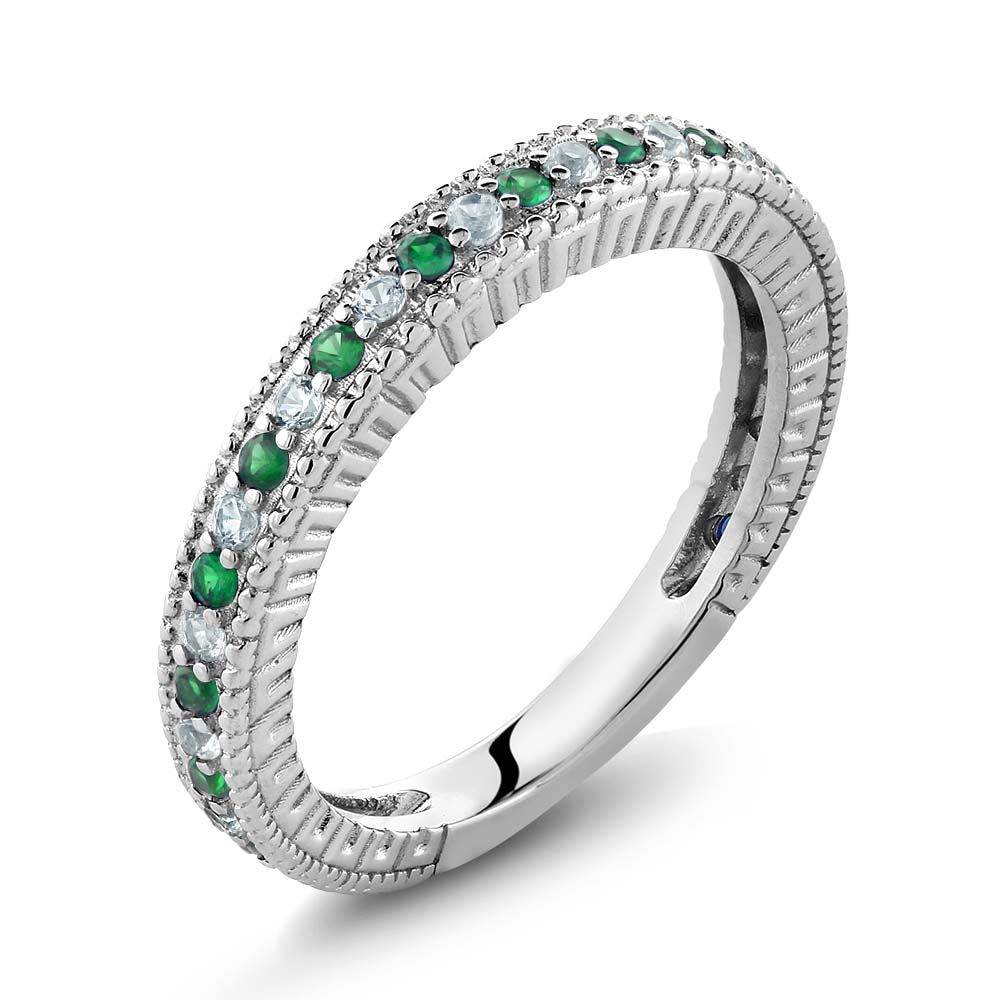 925 Sterling Silver Green Simulated Emerald and White Created Sapphire Ring | Anniversary Wedding Band Ring For Women | 0.48 Cttw | Available In Size 5, 6, 7, 8, 9