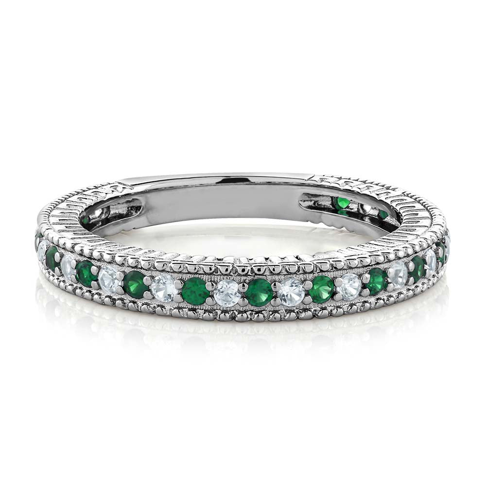 925 Sterling Silver Green Simulated Emerald and White Created Sapphire Ring | Anniversary Wedding Band Ring For Women | 0.48 Cttw | Available In Size 5, 6, 7, 8, 9