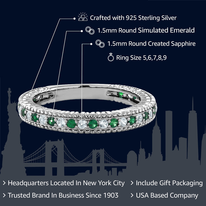 925 Sterling Silver Green Simulated Emerald and White Created Sapphire Ring | Anniversary Wedding Band Ring For Women | 0.48 Cttw | Available In Size 5, 6, 7, 8, 9