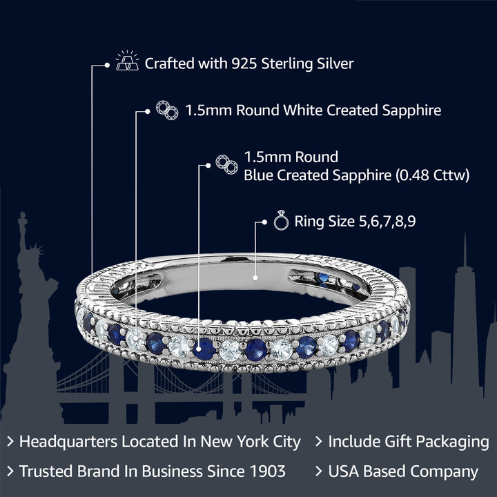 925 Sterling Silver Blue and White Created Sapphire Ring | Ladies Anniversary Wedding Band Ring For Women | 0.48 Cttw | Available In Size 5, 6, 7, 8, 9