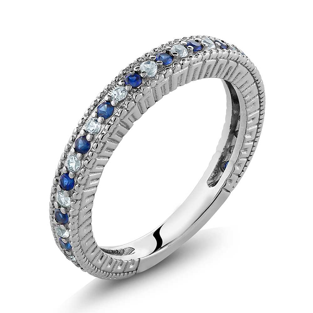 925 Sterling Silver Blue and White Created Sapphire Ring | Ladies Anniversary Wedding Band Ring For Women | 0.48 Cttw | Available In Size 5, 6, 7, 8, 9