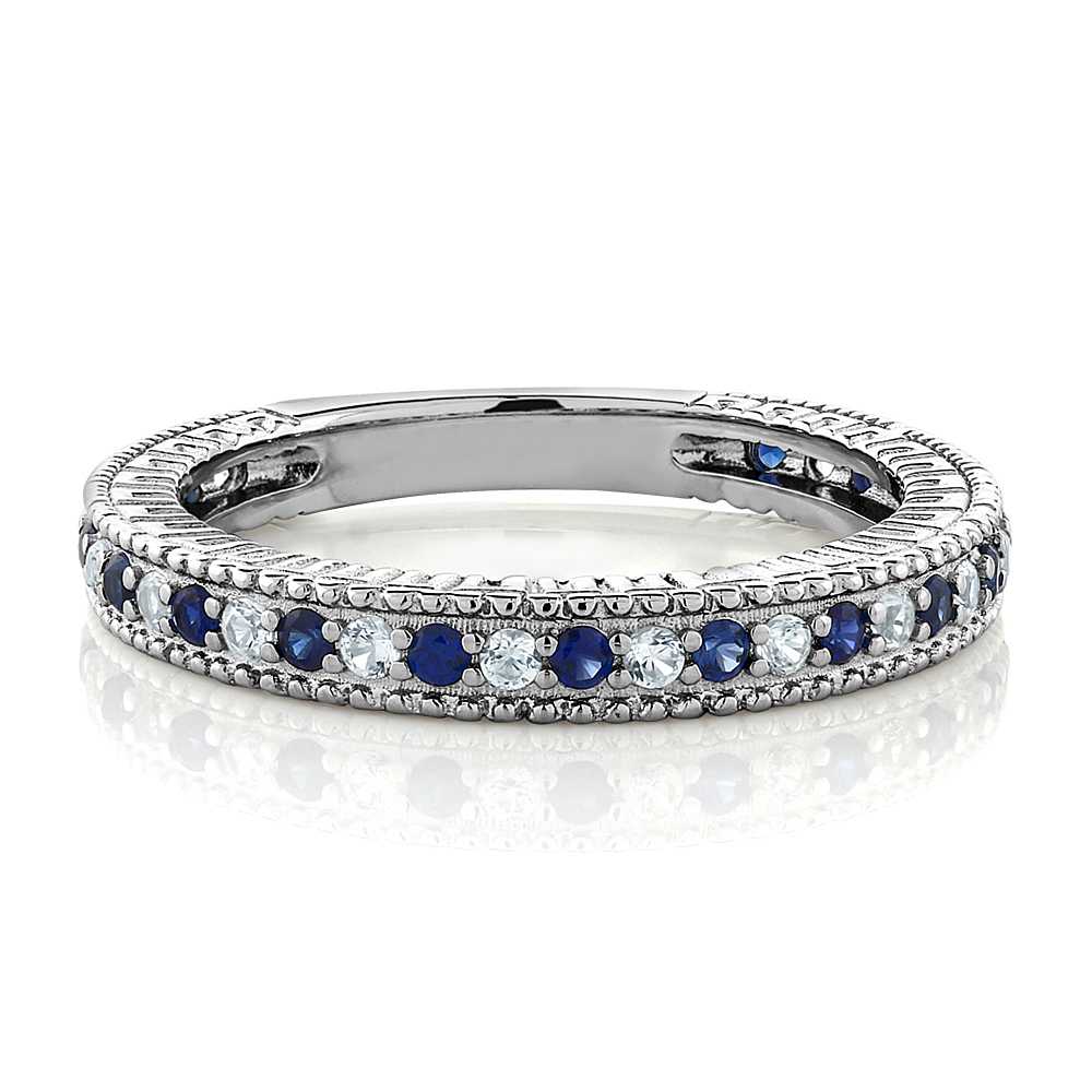 925 Sterling Silver Blue and White Created Sapphire Ring | Ladies Anniversary Wedding Band Ring For Women | 0.48 Cttw | Available In Size 5, 6, 7, 8, 9