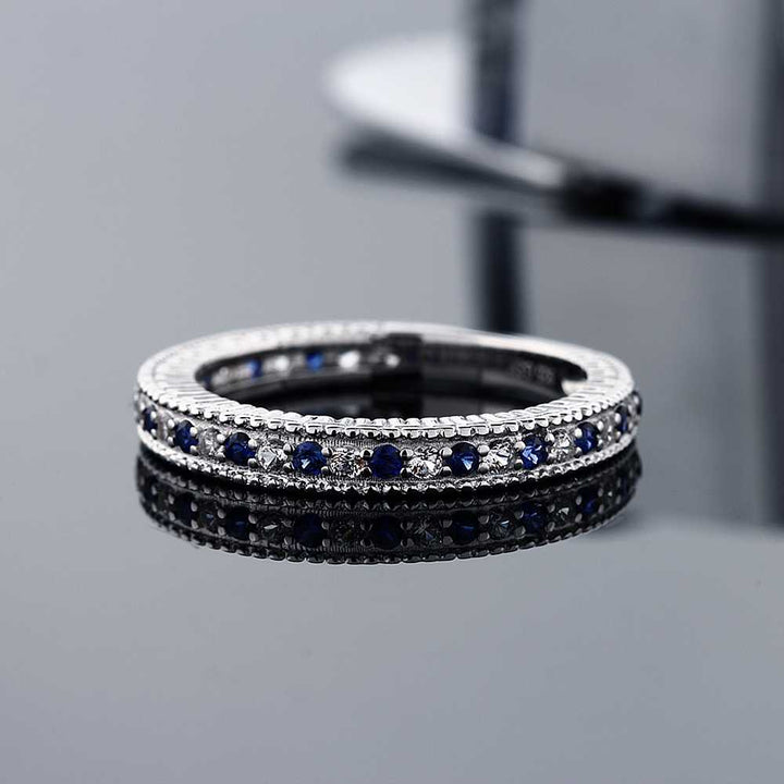 925 Sterling Silver Blue and White Created Sapphire Ring | Ladies Anniversary Wedding Band Ring For Women | 0.48 Cttw | Available In Size 5, 6, 7, 8, 9