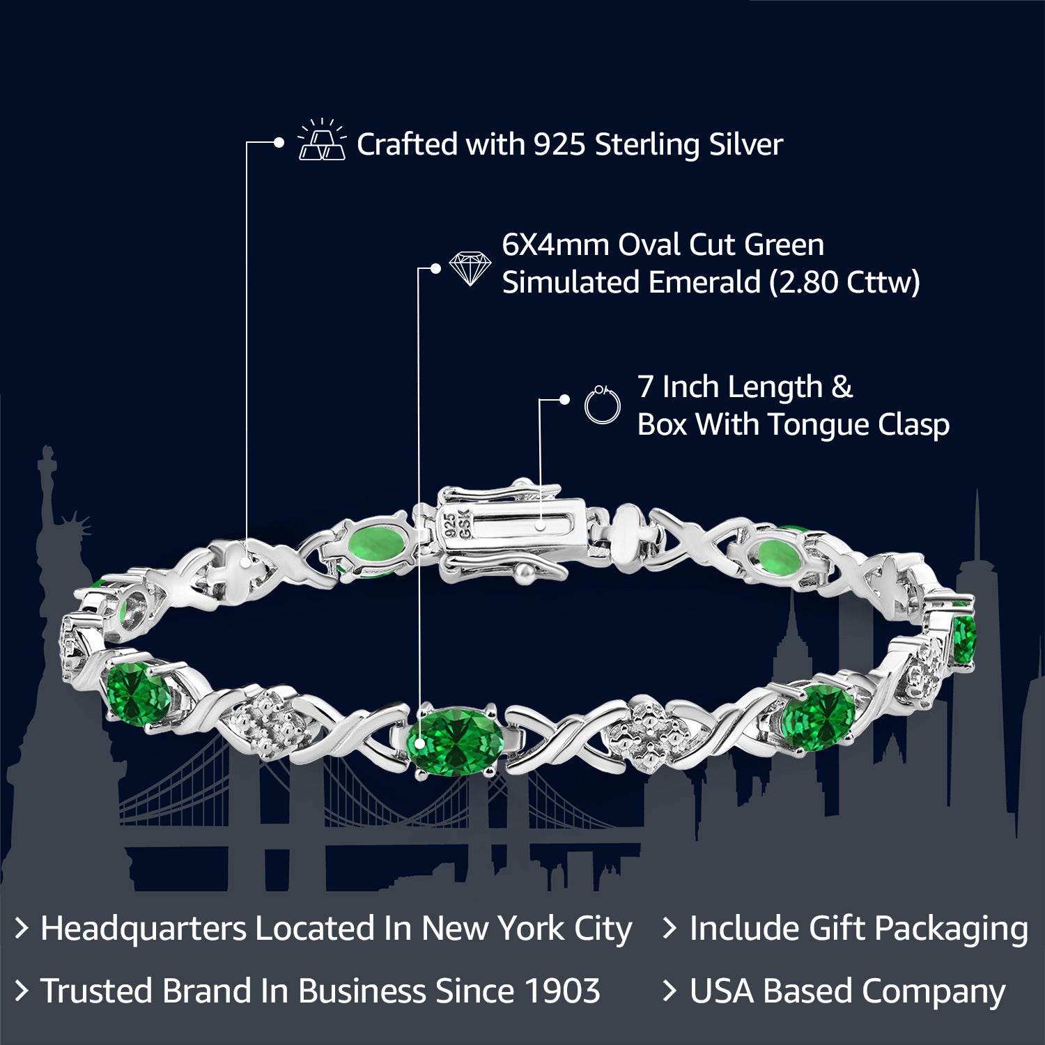 925 Sterling Silver Green Simulated Emerald Tennis Bracelet For Women (2.80 Cttw, Gemstone Birthstone, Oval 6X4MM, 7 Inch)