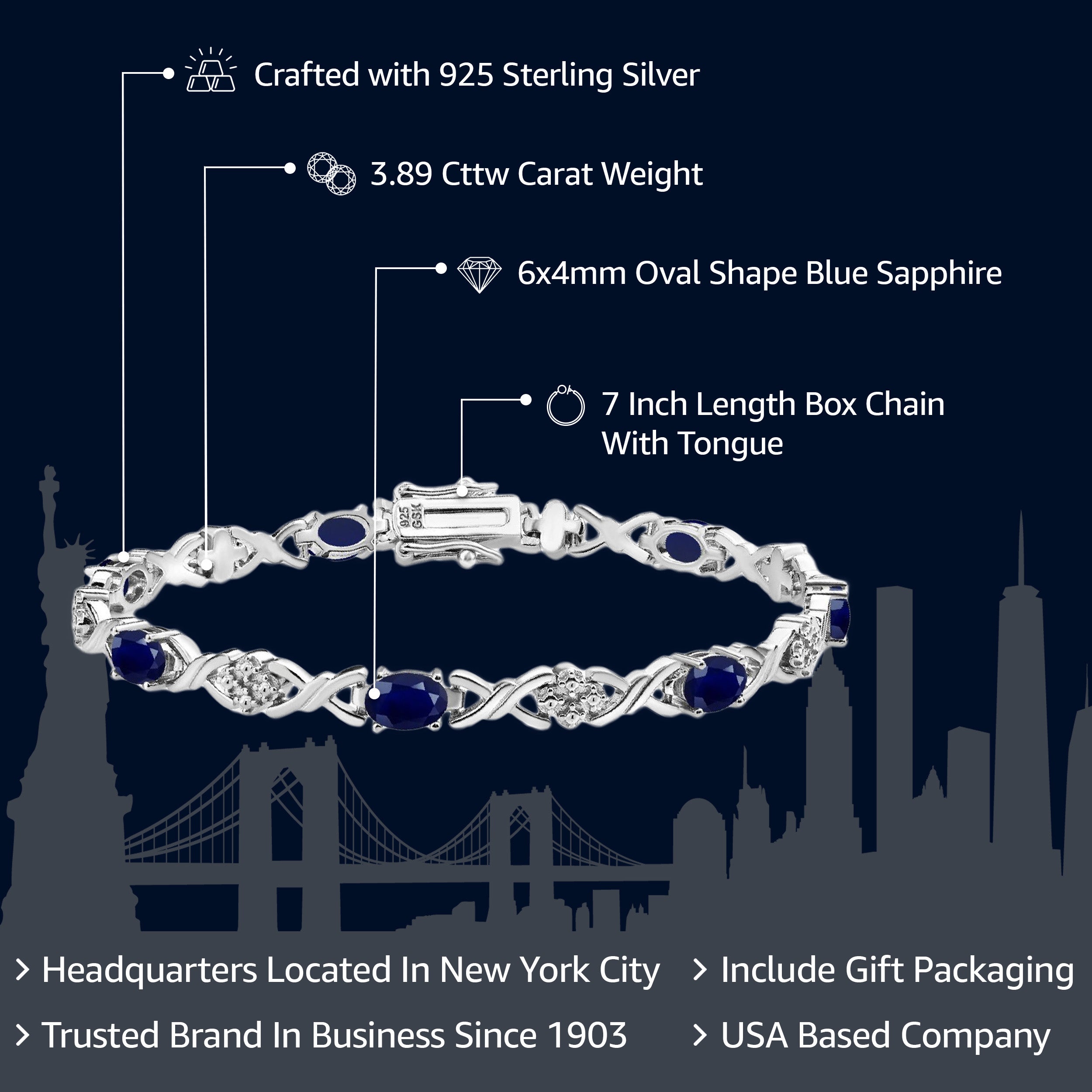 925 Sterling Silver Blue Sapphire Tennis Bracelet For Women (4.44 Cttw, Gemstone September Birthstone, Oval 6X4MM, 7 Inch)