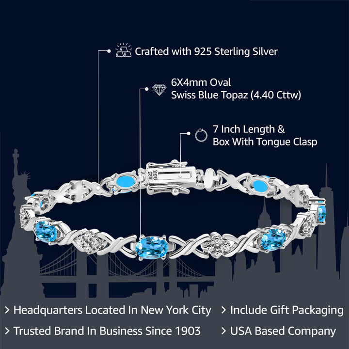 925 Sterling Silver Swiss Blue Topaz Tennis Bracelet For Women (4.40 Cttw, Gemstone November Birthstone, Oval 6X4MM, 7 Inch)