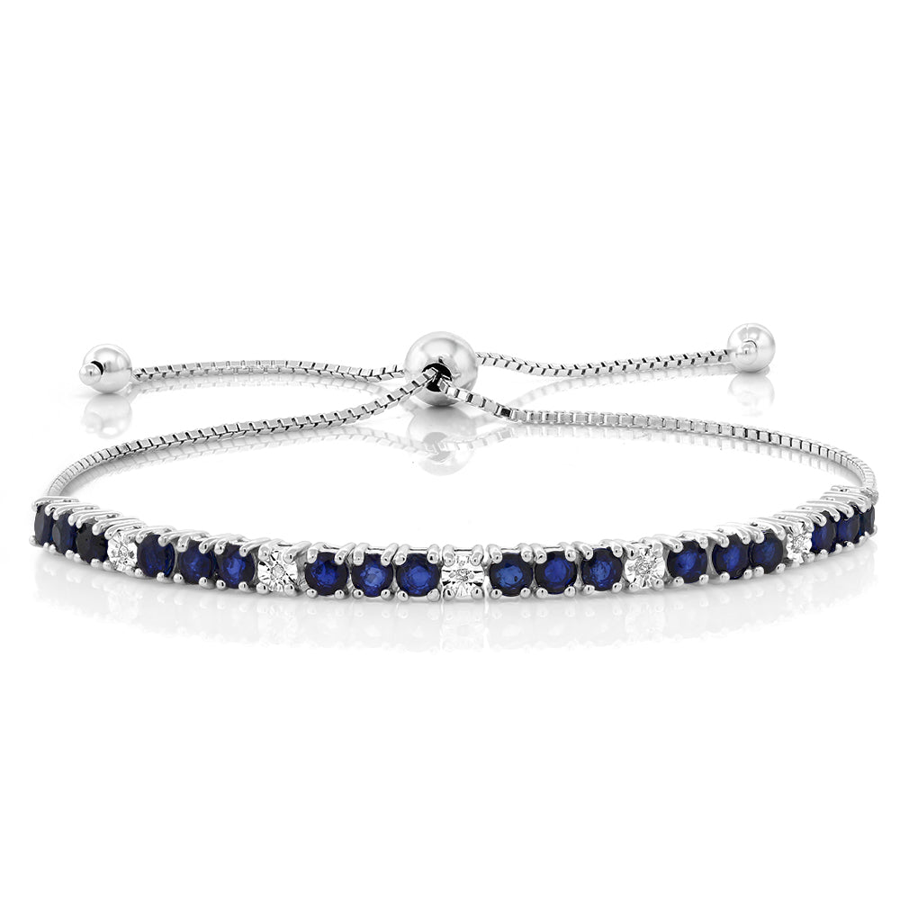 925 Sterling Silver Blue Sapphire and White Diamond Tennis Bracelet Jewelry for Women (2.05 Cttw, Gemstone Birthstone, Fully Adjustable Up to 9 Inch)