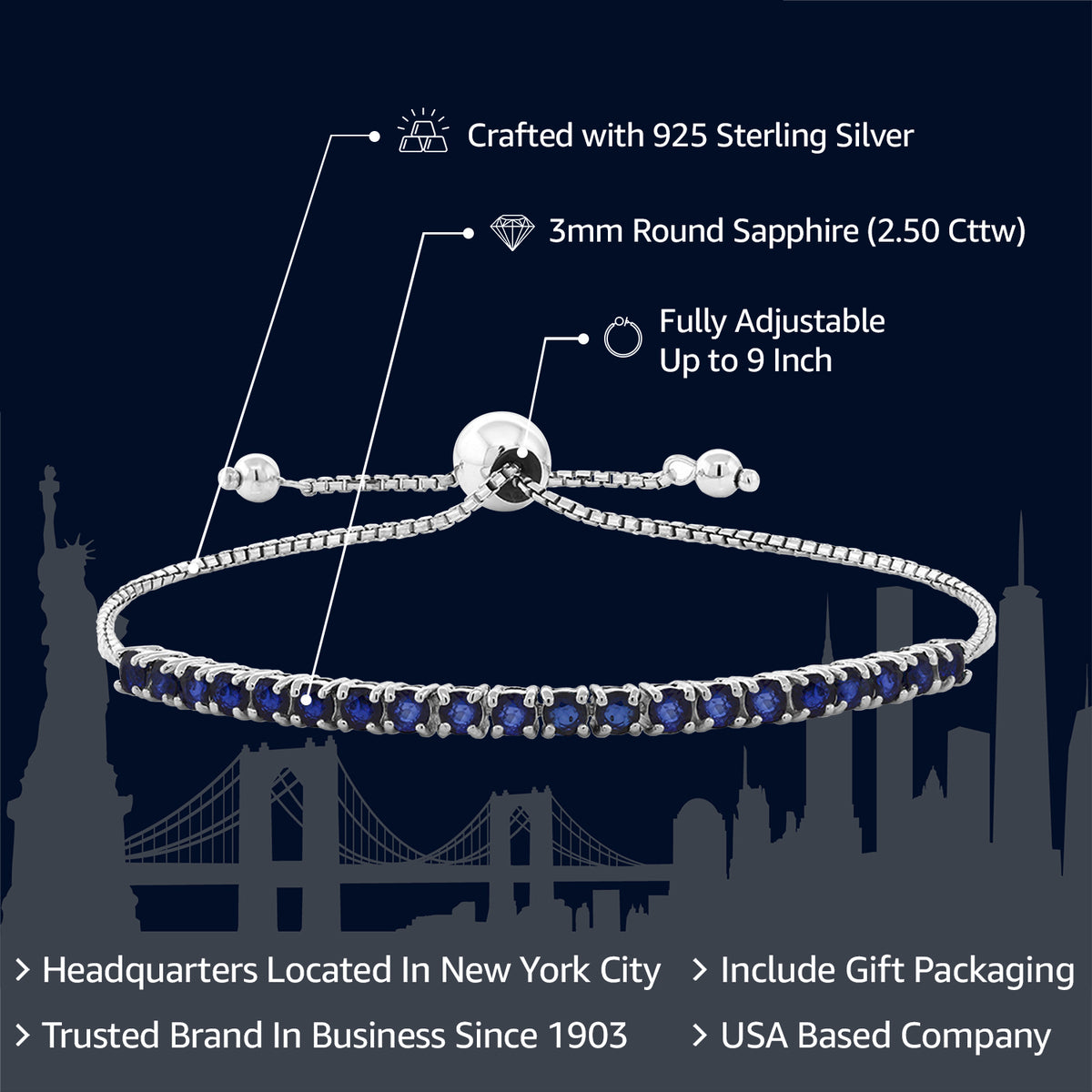 Bracelet Réglable En Argent 925 Avec Saphir Synthétique Bleu Ovale - Neuf Sans Boîte