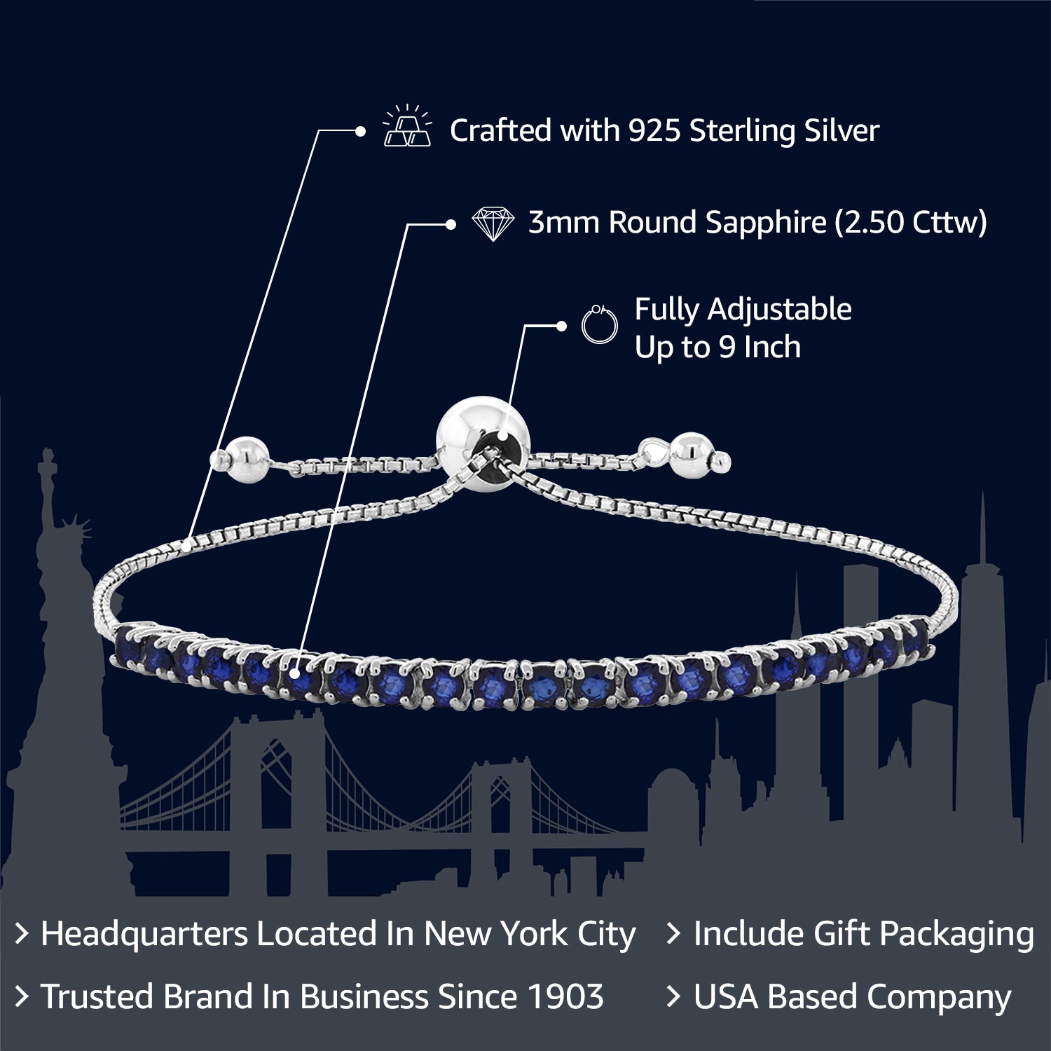 2.50 Cttw Blue Sapphire Tennis Bracelet For Women In 925 Sterling Silver | Gemstone Birthstone | Fully Adjustable Up to 9 Inch