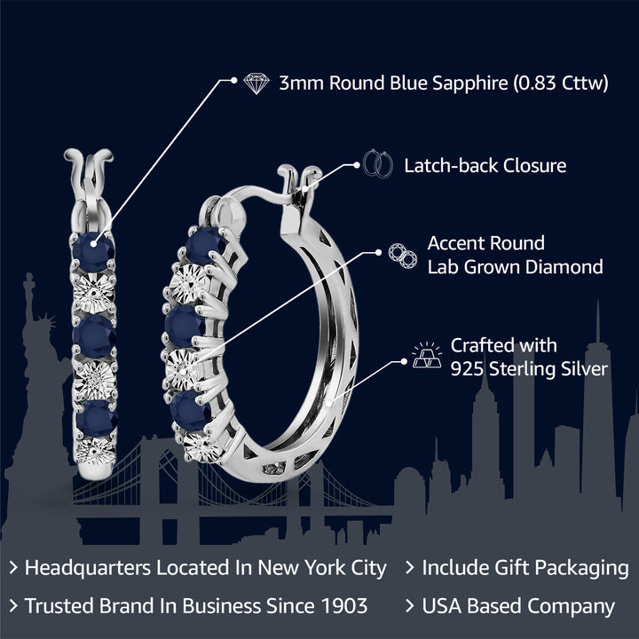 925 Sterling Silver Blue Sapphire and White Lab Grown Diamond Accent Hoop Earrings For Women (0.83 Cttw, 22MM = 0.85 Inches Diameter)