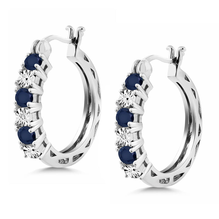 925 Sterling Silver Blue Sapphire and White Lab Grown Diamond Accent Hoop Earrings For Women (0.83 Cttw, 22MM = 0.85 Inches Diameter)