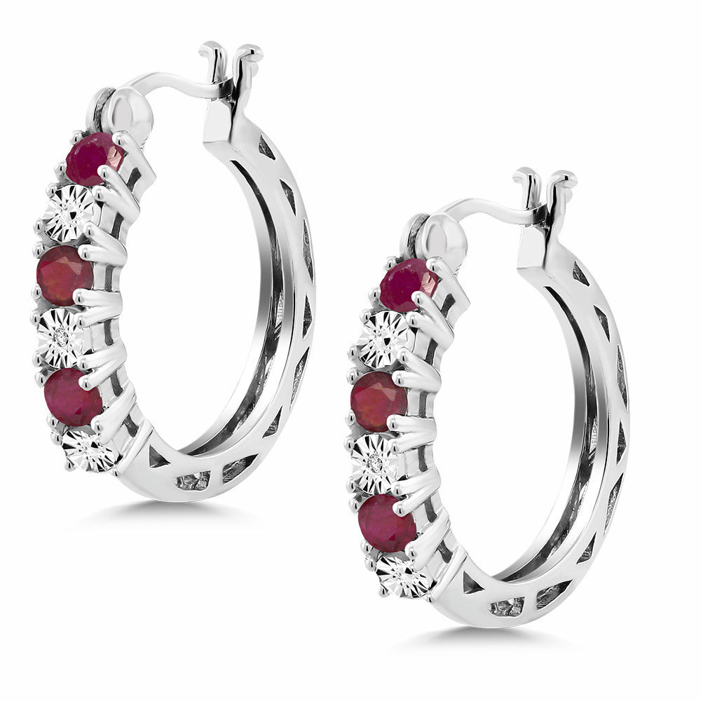 925 Sterling Silver Red Ruby and White Lab Grown Diamond Accent Women's Hoop Earrings (0.83 Cttw, 22MM = 0.85 inches Diameter)