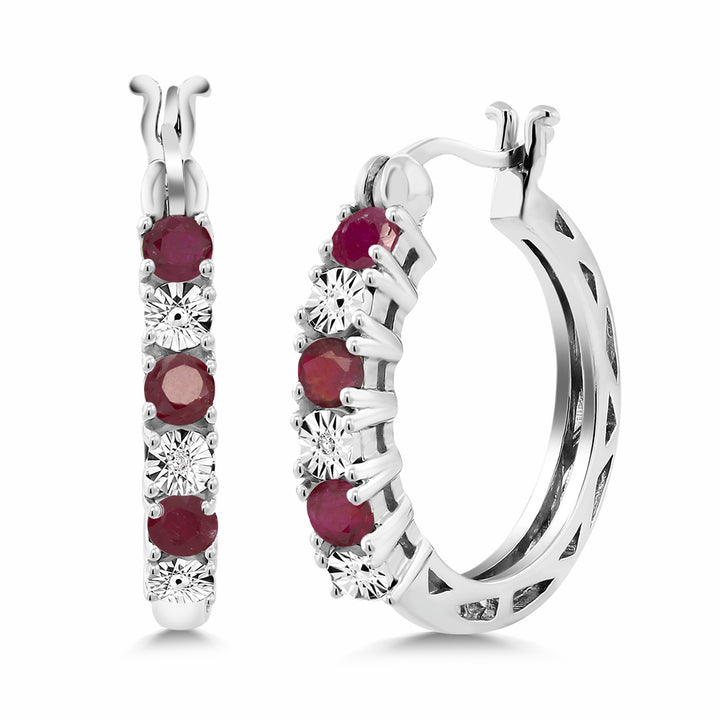 925 Sterling Silver Red Ruby and White Lab Grown Diamond Accent Women's Hoop Earrings (0.83 Cttw, 22MM = 0.85 inches Diameter)