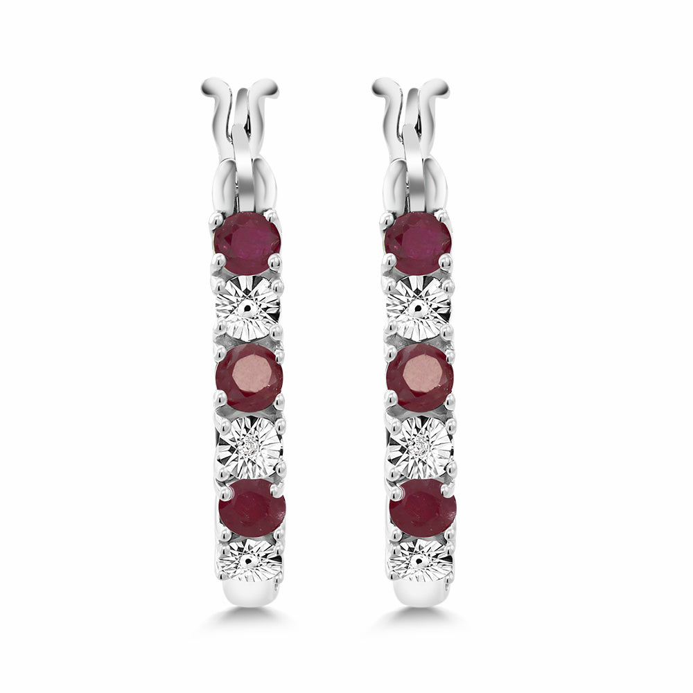 925 Sterling Silver Red Ruby and White Lab Grown Diamond Accent Women's Hoop Earrings (0.83 Cttw, 22MM = 0.85 inches Diameter)