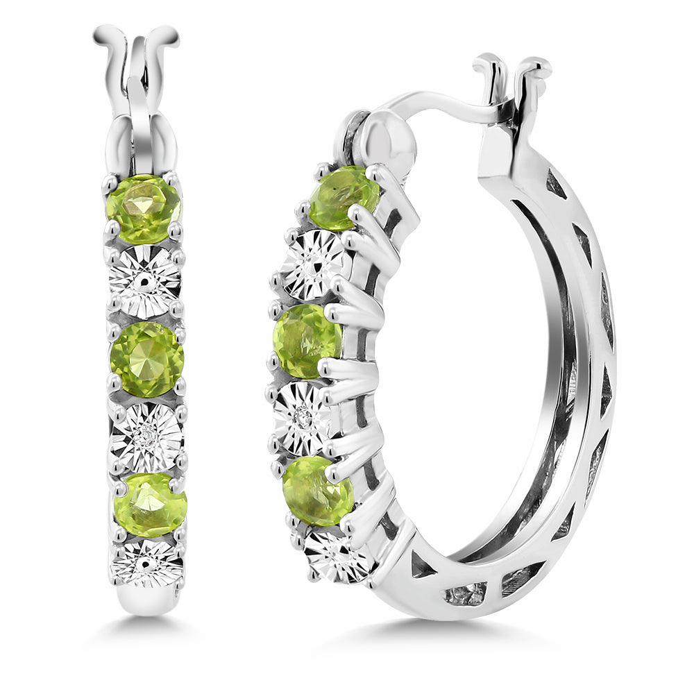 925 Sterling Silver Green Peridot and White Diamond Accent Hoop Earrings For Women (0.83 Cttw, Gemstone Birthstone, 22MM = 0.85 Inches Diameter)