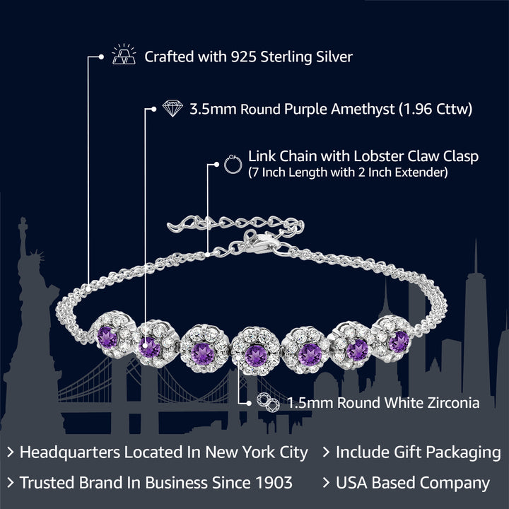 925 Sterling Silver Purple Amethyst Tennis Bracelet For Women (1.96 Cttw, Gemstone February Birthstone, 7 Inch with 2 Inch Extender)