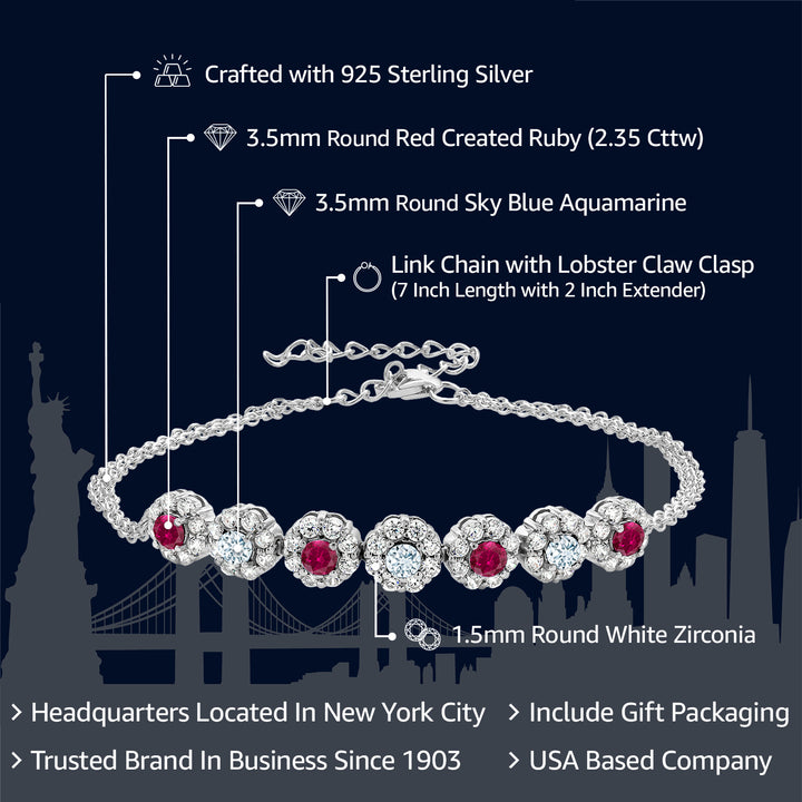 925 Sterling Silver Red Created Ruby and Sky Blue Aquamarine Tennis Bracelet For Women (2.35 Cttw, Gemstone July Birthstone, 7 Inch with 2 Inch Extender)