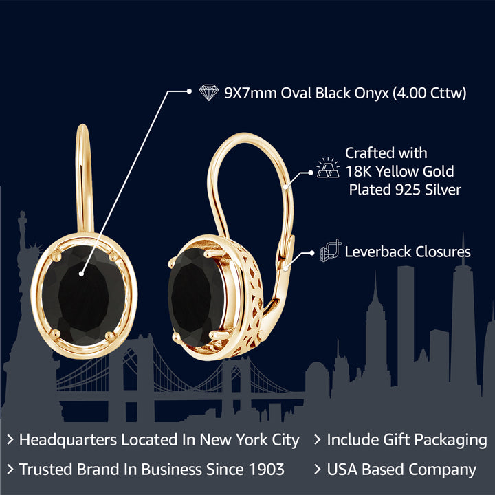 4.00 Cttw Black Onyx Dangle Earrings For Women In 18K Yellow Gold Plated Silver | Gemstone Birthstone | Oval 9X7MM