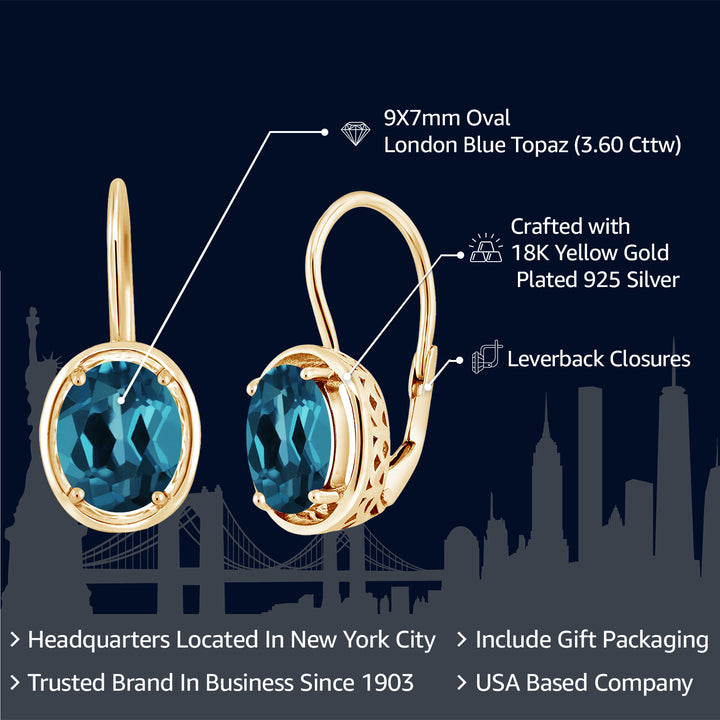 18K Yellow Gold Plated Silver London Blue Topaz Dangle Earrings For Women (3.60 Cttw Gemstone Birthstone Oval 9X7MM)