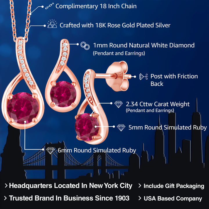 18K Rose Gold Plated Silver Round Red Created Ruby and Diamond Pendant Earrings Set For Women (2.34 Cttw, with 18 Inch Chain)