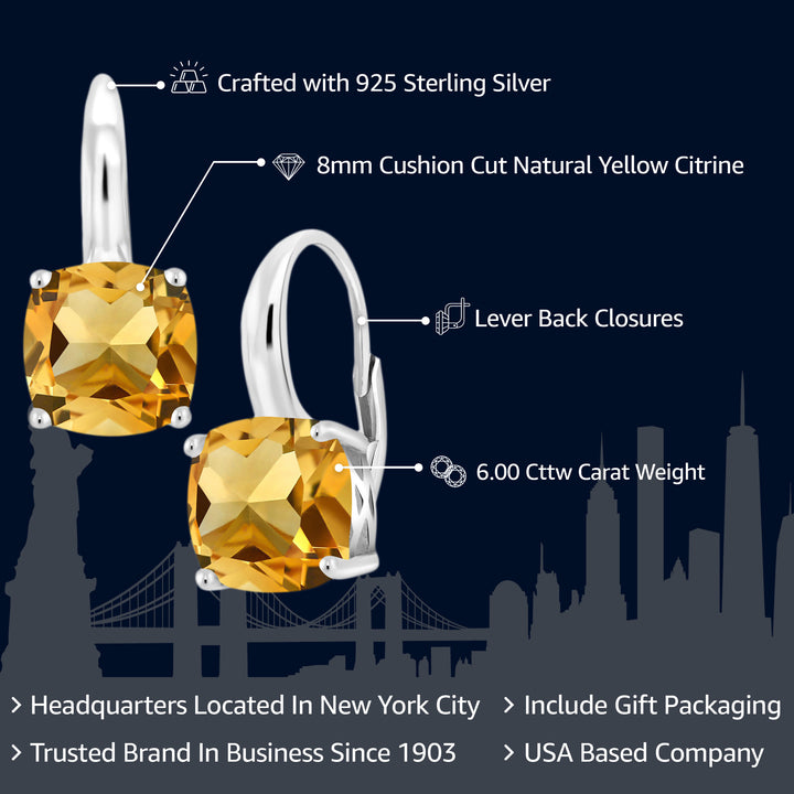 6.00 Cttw Yellow Citrine Earrings For Women In 925 Sterling Silver | Gemstone Birthstone | Cushion Cut 8MM