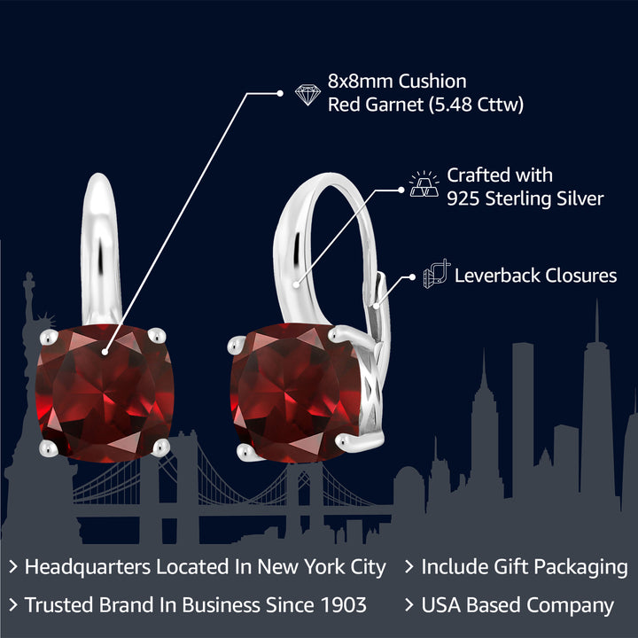 925 Sterling Silver Red Garnet Earrings For Women (5.48 Cttw, Gemstone Birthstone, Cushion 8MM)